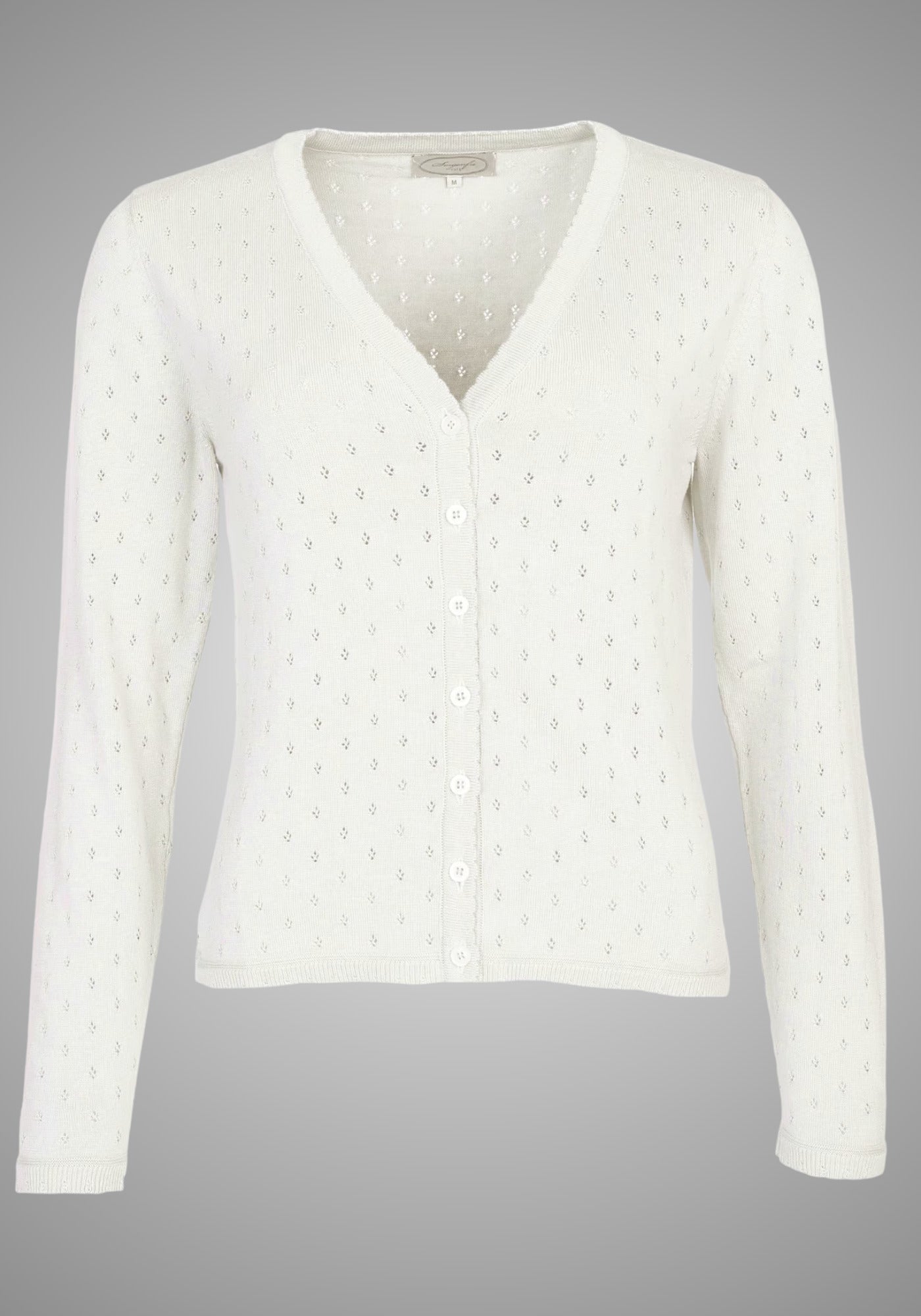 Fein gearbeitete Ajour-Strickjacke in Elfenbeinfarbe aus Baumwolle-Modal, mit Knopfleiste und V-Ausschnitt für einen femininen Style.