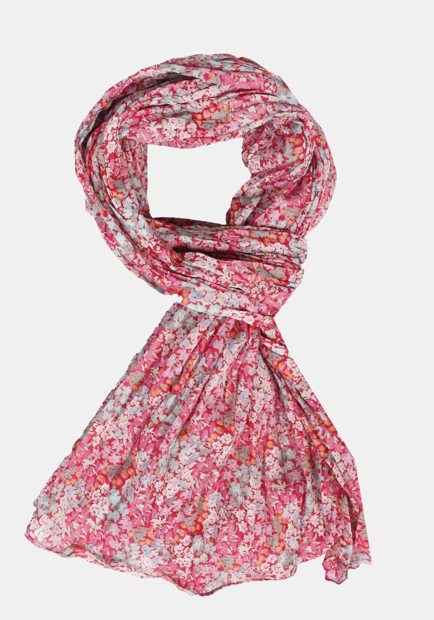 Flach ausgelegter Sorgenfri Sylt Schal Jaltea aus Baumwolle – rubin | floral | Produktdetail‑Flachansicht