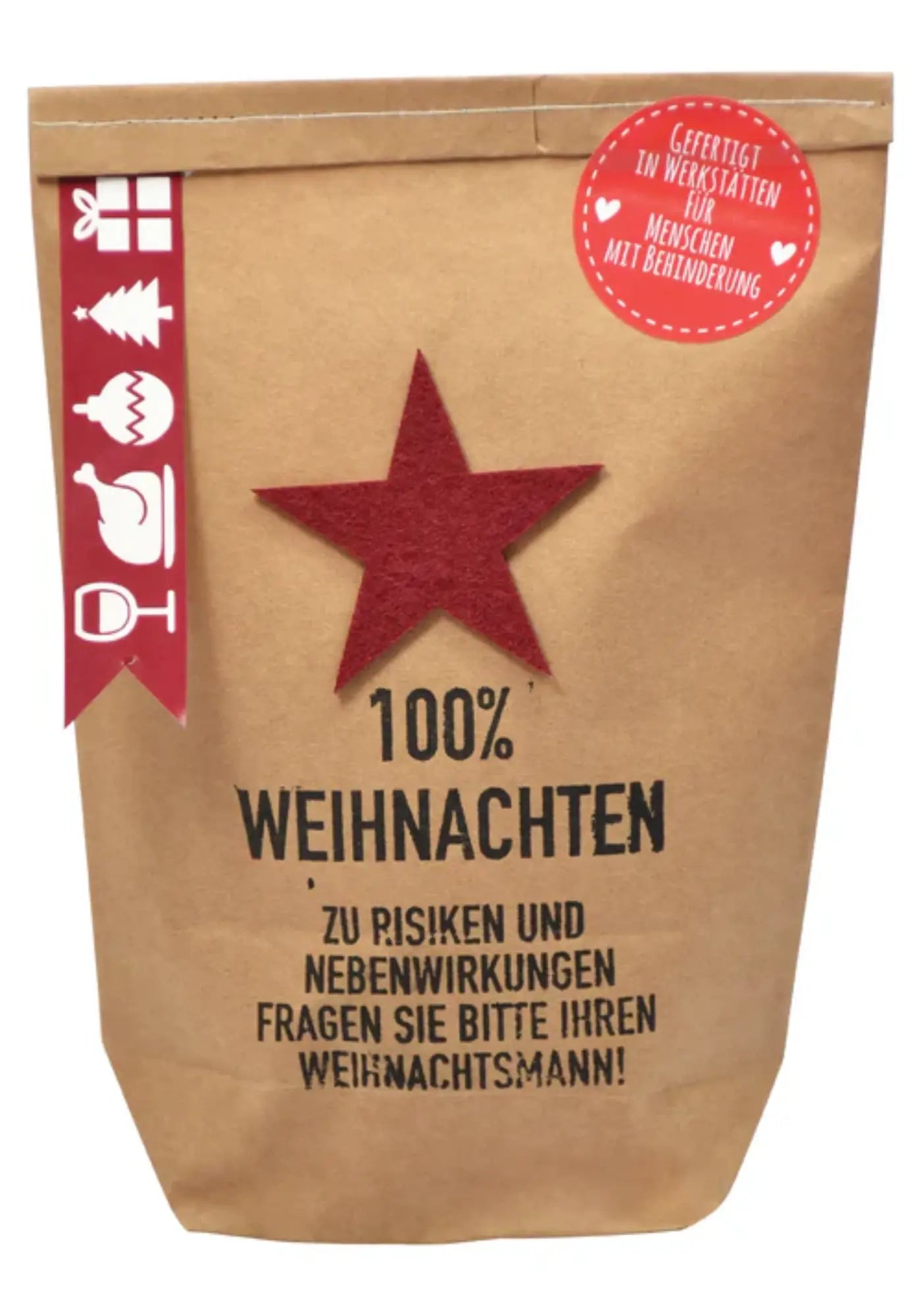 Geschenktüte "100% Weihnachten" mit Filzstern, gefüllt mit weihnachtlichen Überraschungen wie Duftteelicht, Holznikolaus und X-Mas Holzschild für gemütliche Stunden.