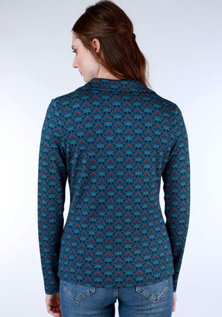 Celeste Bluse Retro Flower in Blau, aus nachhaltiger Viskose von Sorgenfri Sylt. Mit V-Ausschnitt und Knopfleiste, perfekt für stilvolle Looks.