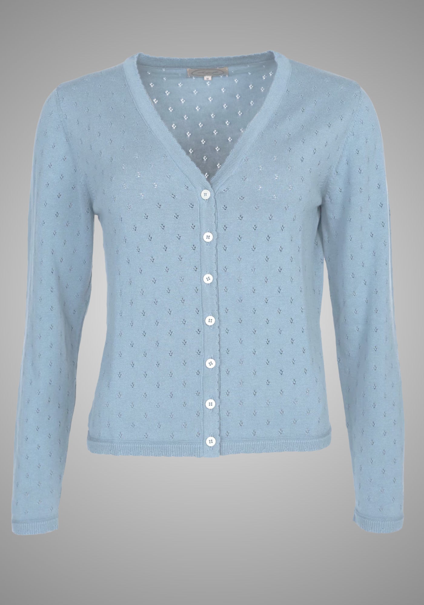Feine Strickjacke aus der Zero-Waste-Kollektion, 50% Baumwolle und 50% Modal, mit V-Ausschnitt und Knopfleiste in hellem Blau.